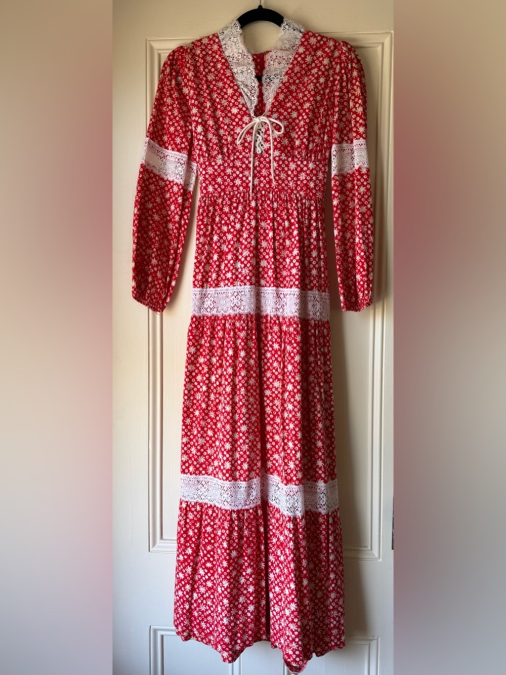 1970s Red Calico Maxi Dress